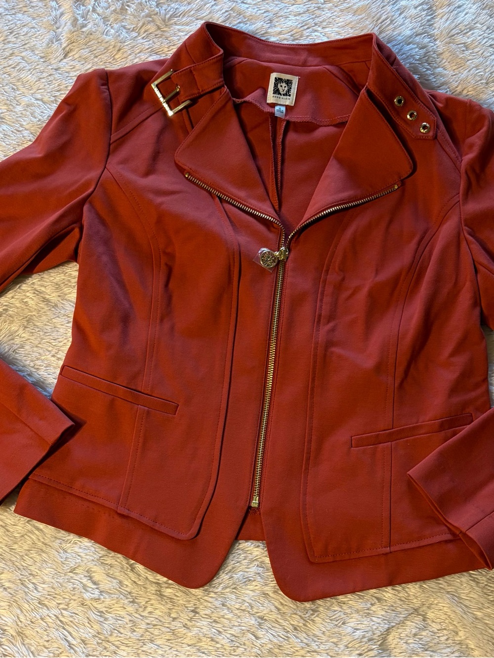 Anne Klein Brick Red/Burnt Orange Moto-Style Zip Jacket